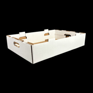 A plain white corrugated box for holding 8 clamshells of fresh produce.