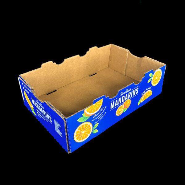 An open top, corrugated box for fresh produce.
